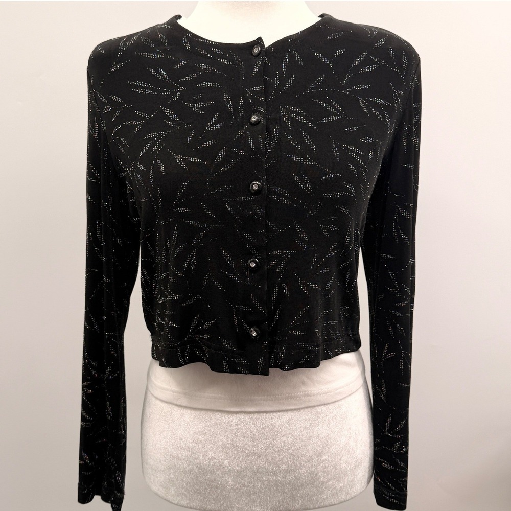 Vintage Y2K Whimsygoth Glitter Rhinestone Slinky‎ Crop Cardigan in Black Size 6